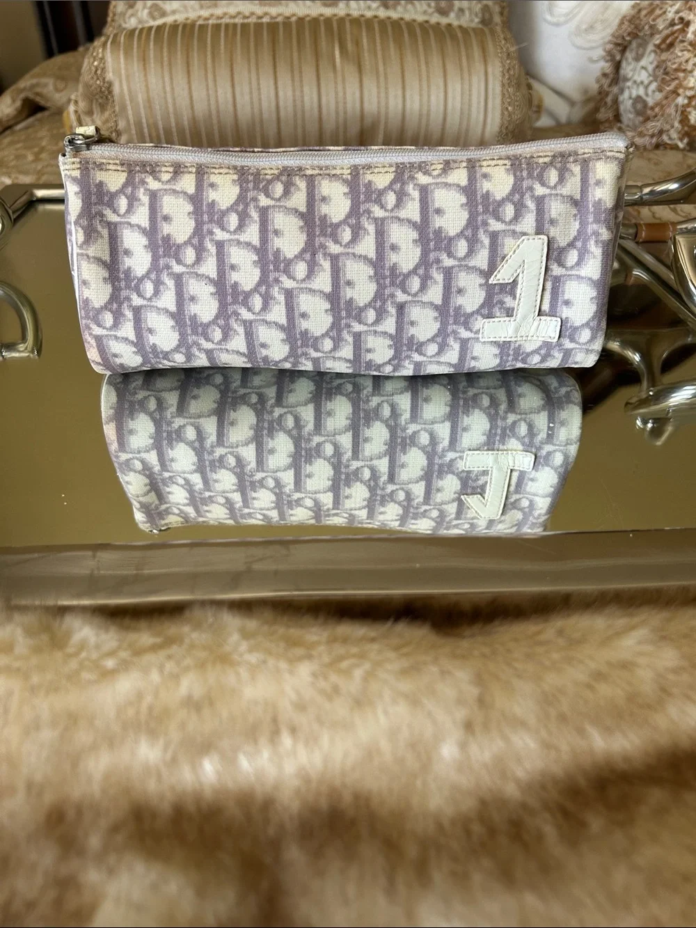 Dior Lavender Oblique Canvas Cosmetic Pouch with White '1' Appliqué ..Callouts